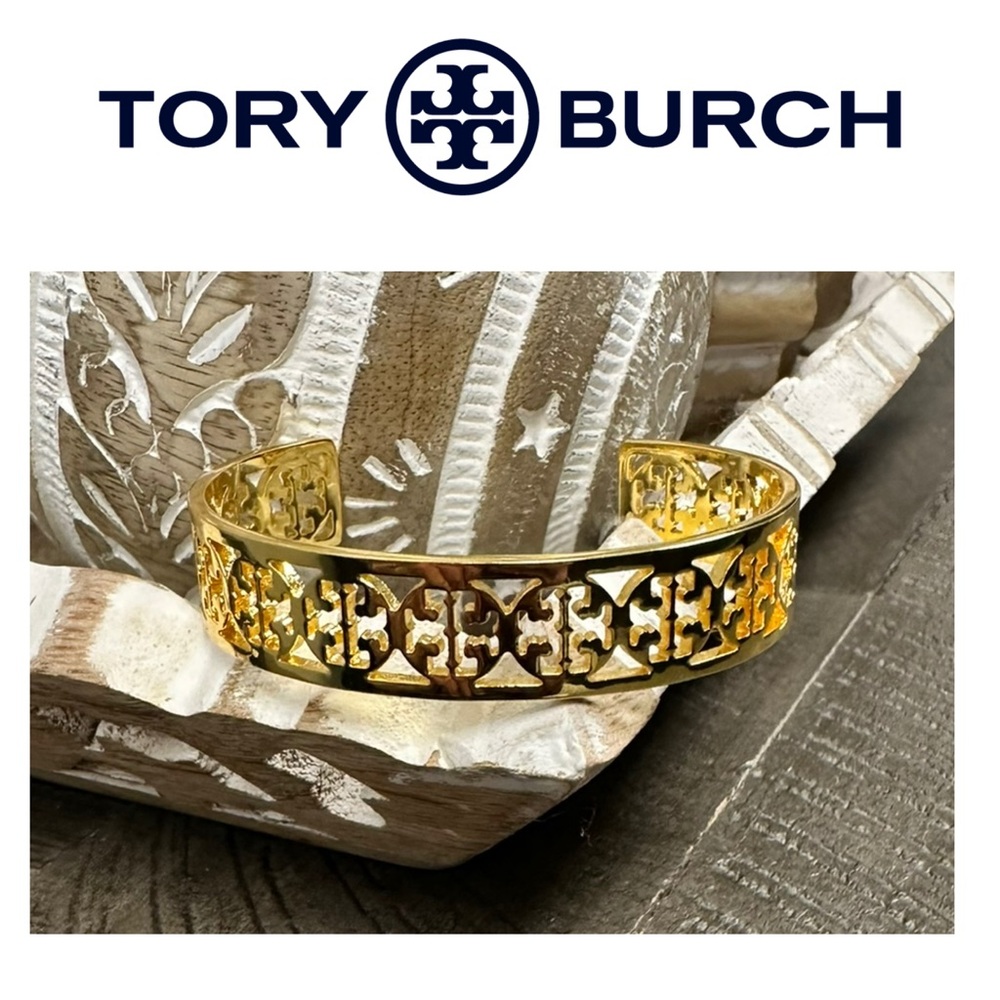 NWT Tory Burch Gold Tone Cutout Logo Cuff Bracelet - Picture 2 of 5